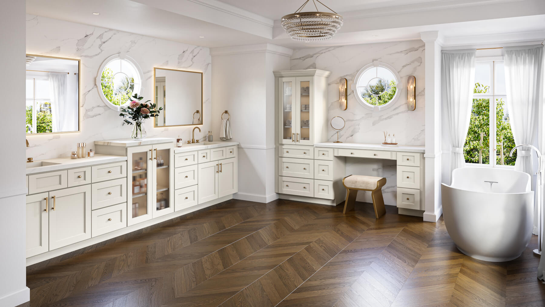 Bathroom with cream dual vanity, chandelier, and soaking tub