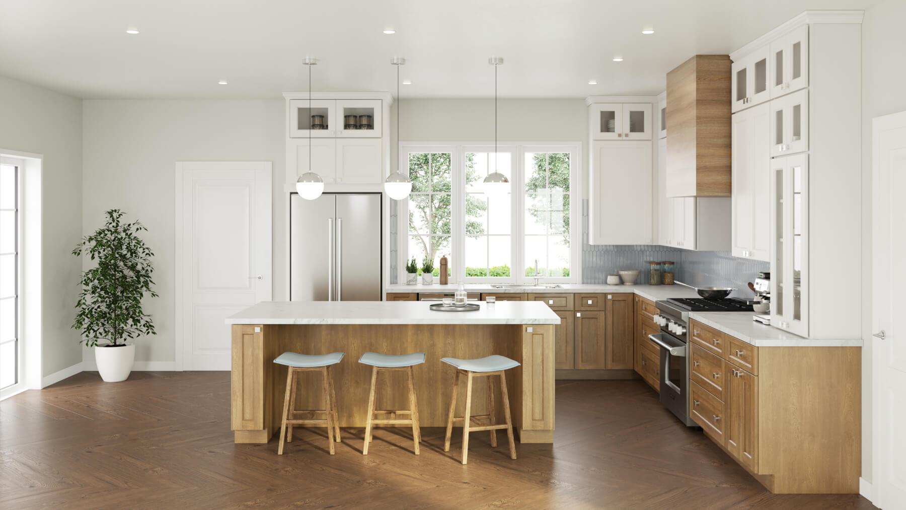 Two-tone kitchen with fawn wood island and herringbone floor