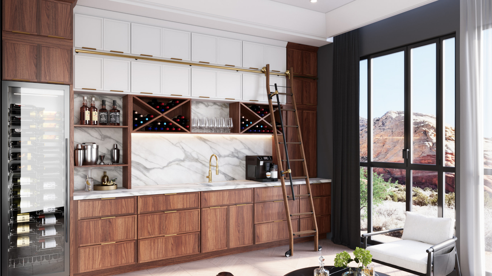 Walnut wet bar with wine storage and marble backsplash