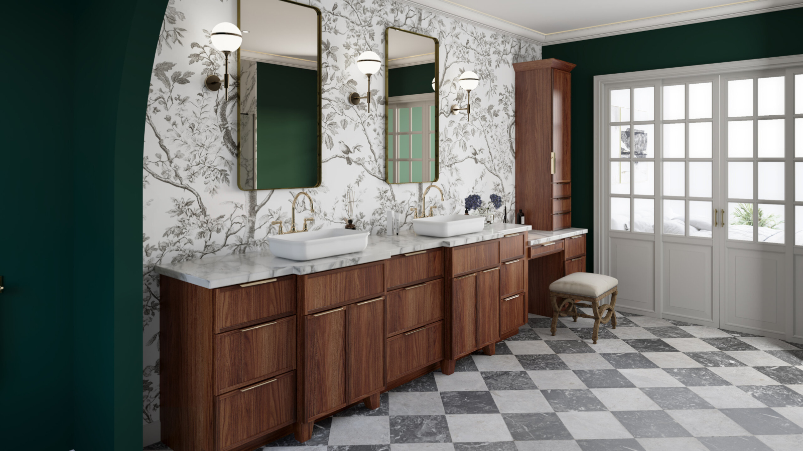 Bathroom with walnut dual vanity and checkerboard marble floor