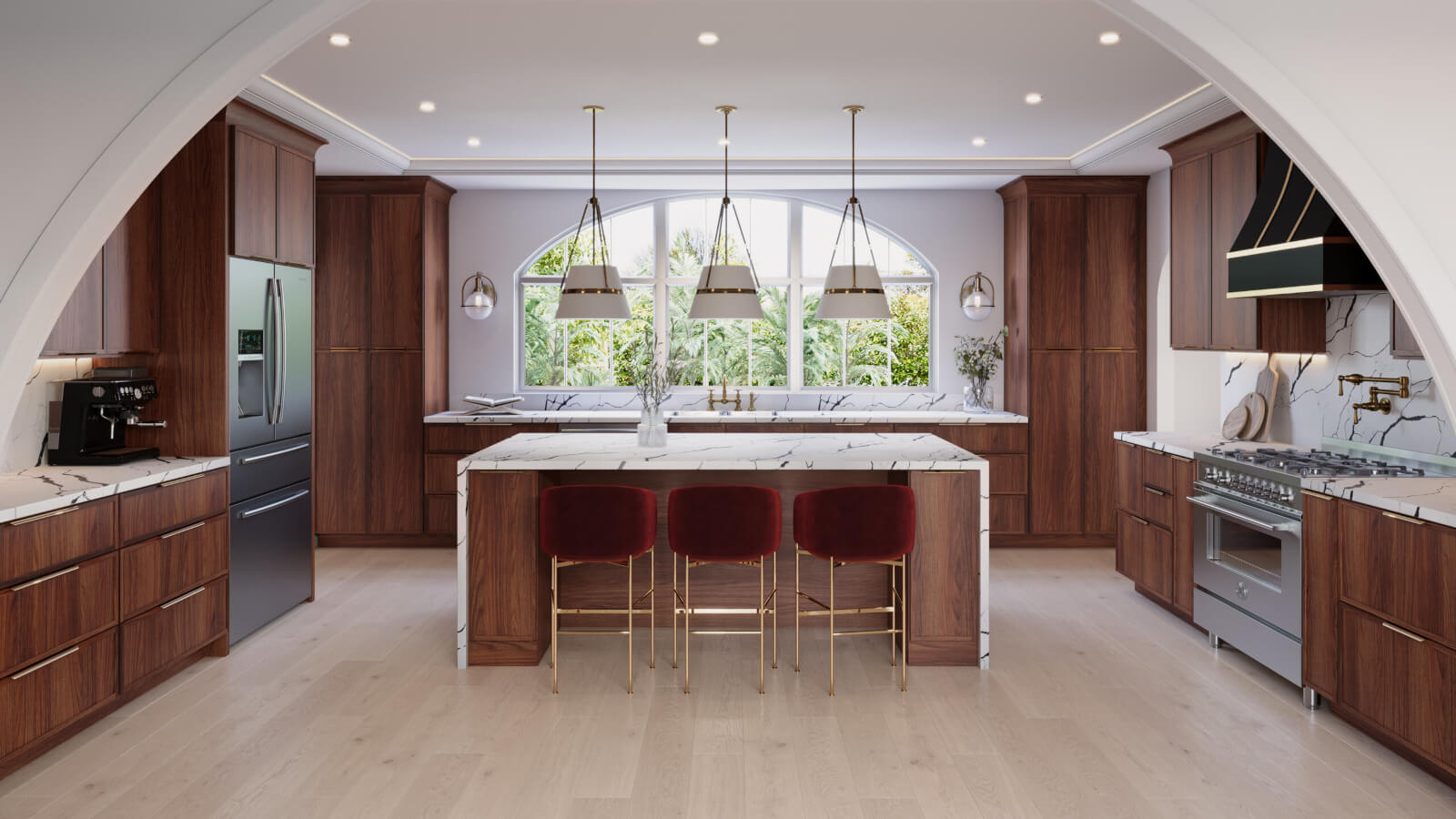 Elegant walnut kitchen with marble island and arched window