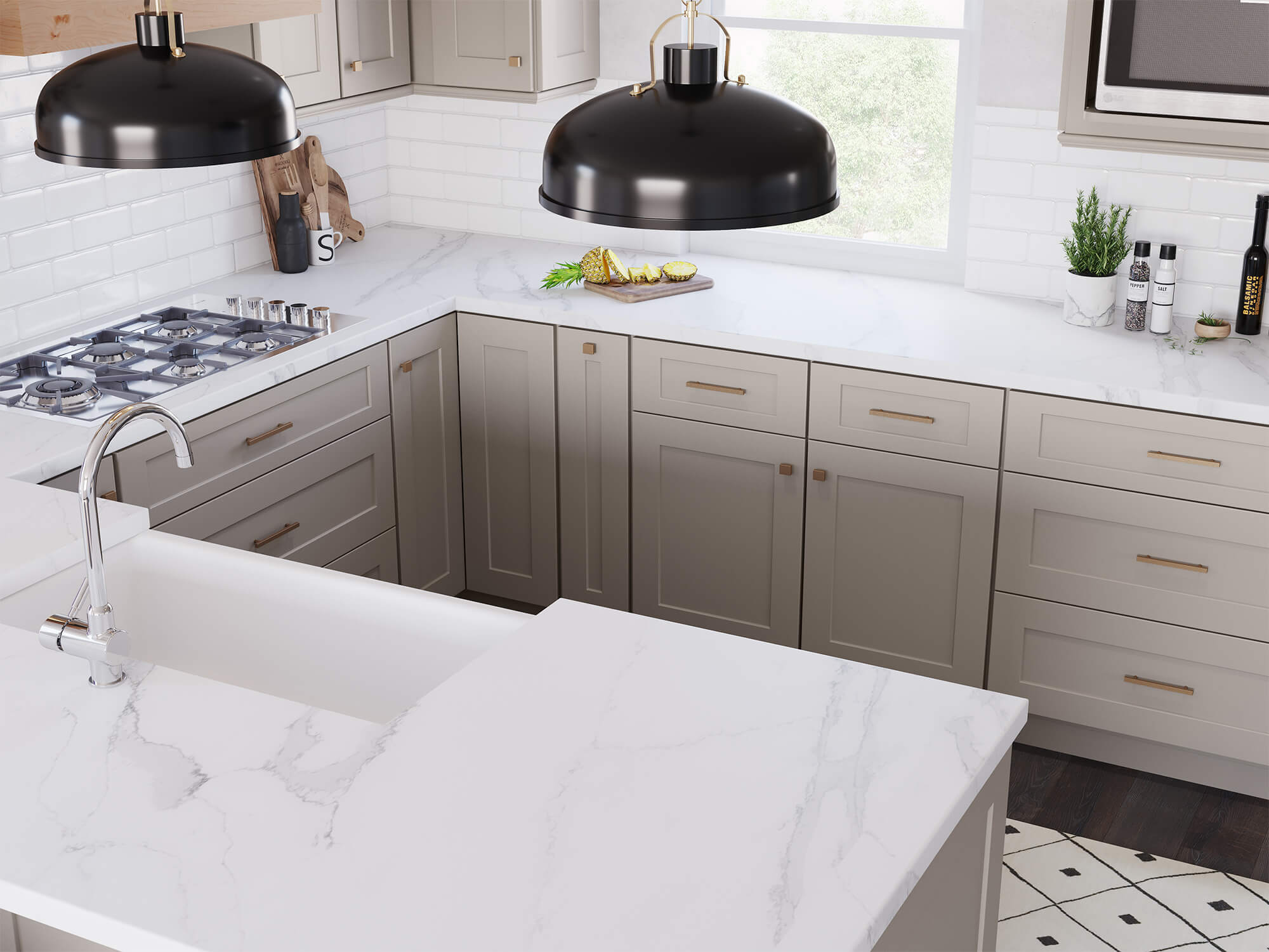Sand-colored shaker kitchen with marble countertops