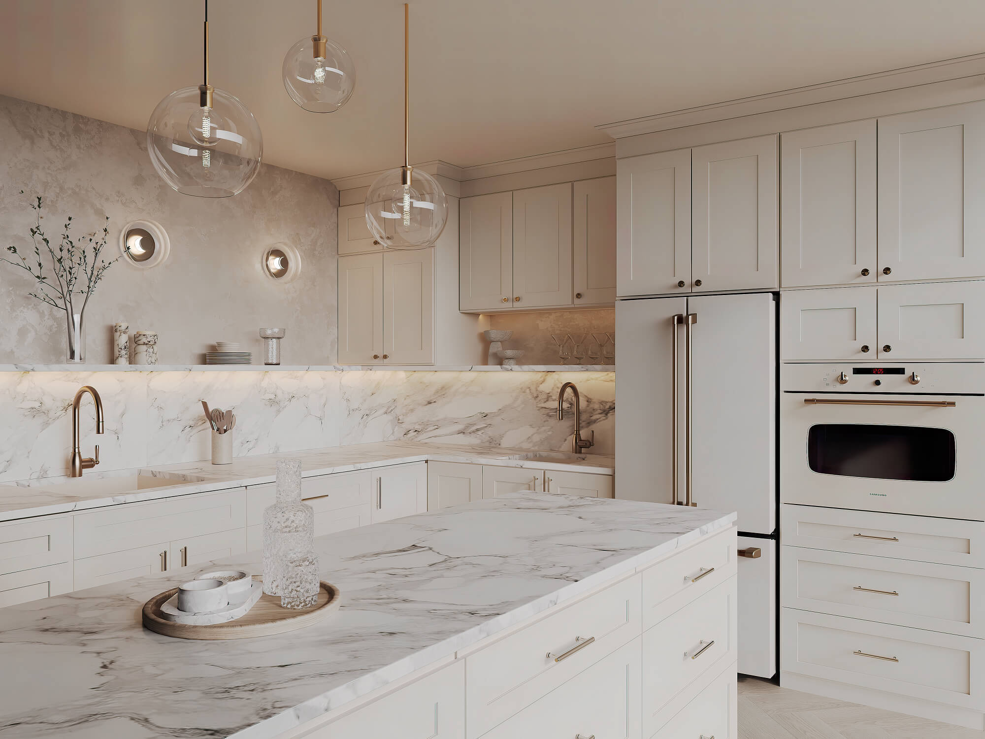 Warm cream kitchen with marble backsplash and brass fixtures