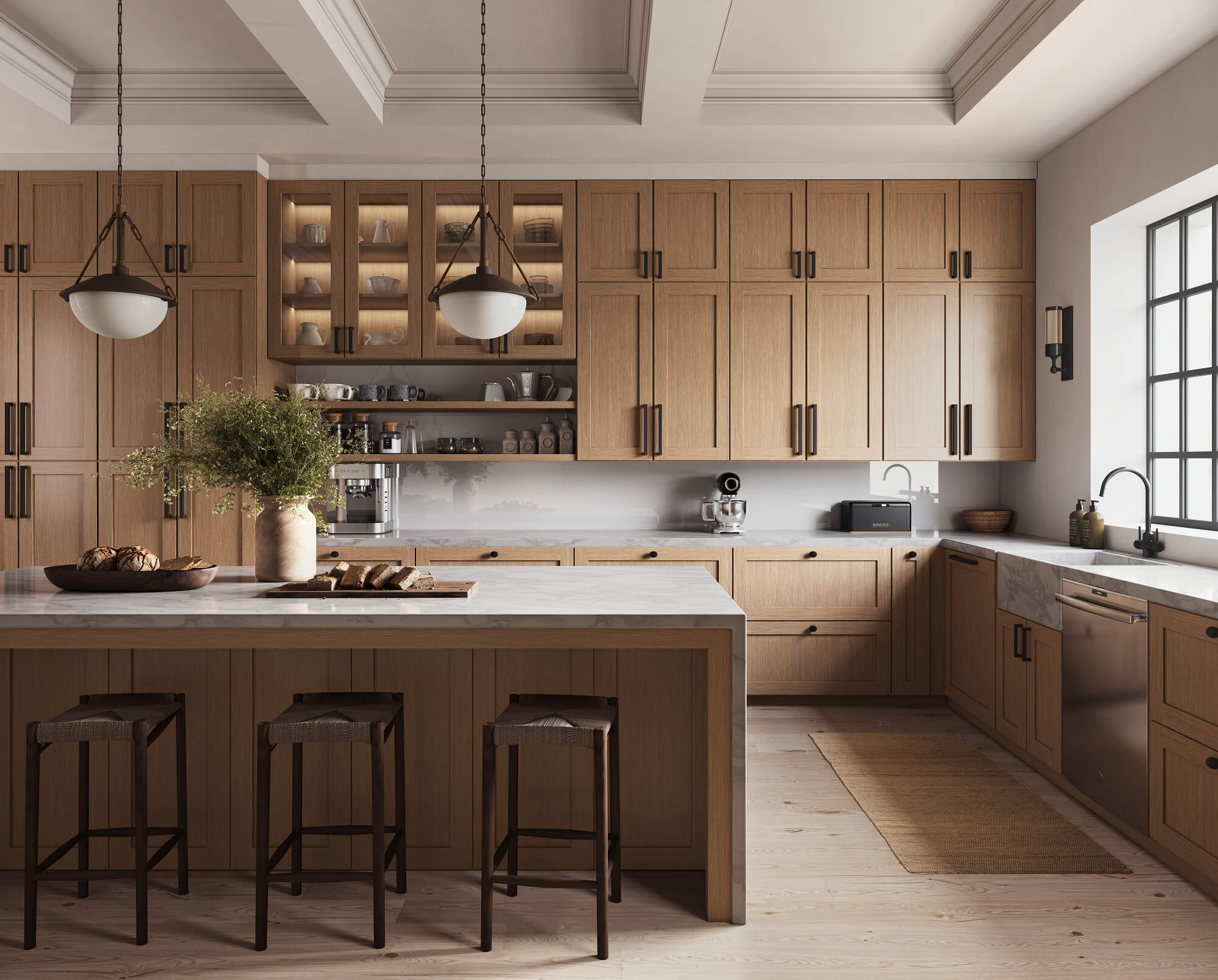 Warm kitchen with oak shaker cabinets and a large island