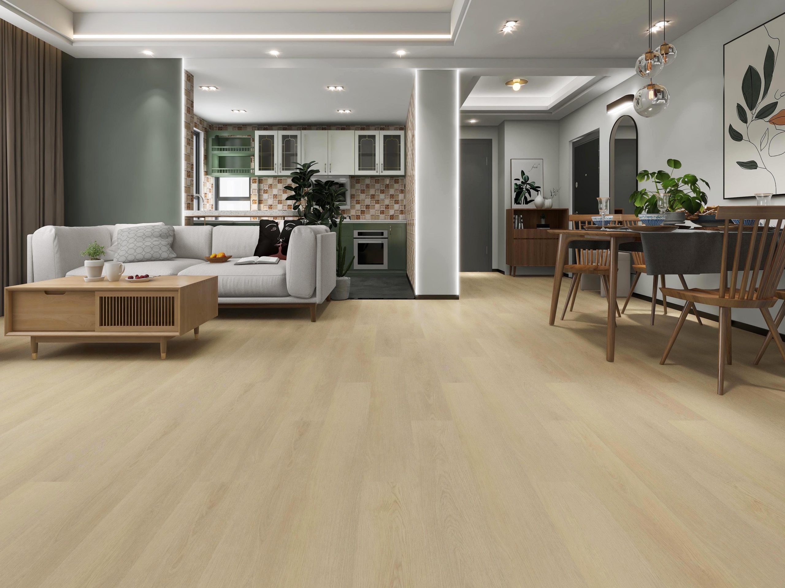 Open living and dining area with light wood-look plank flooring