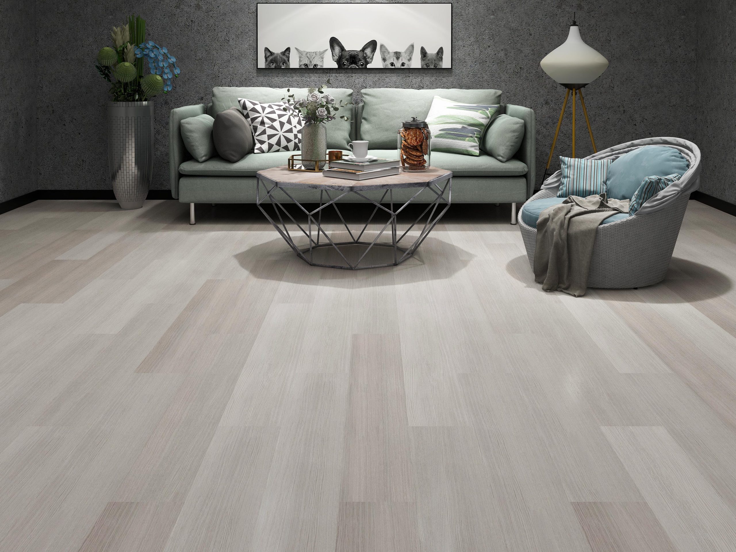Living room with whitewashed wood-look plank flooring
