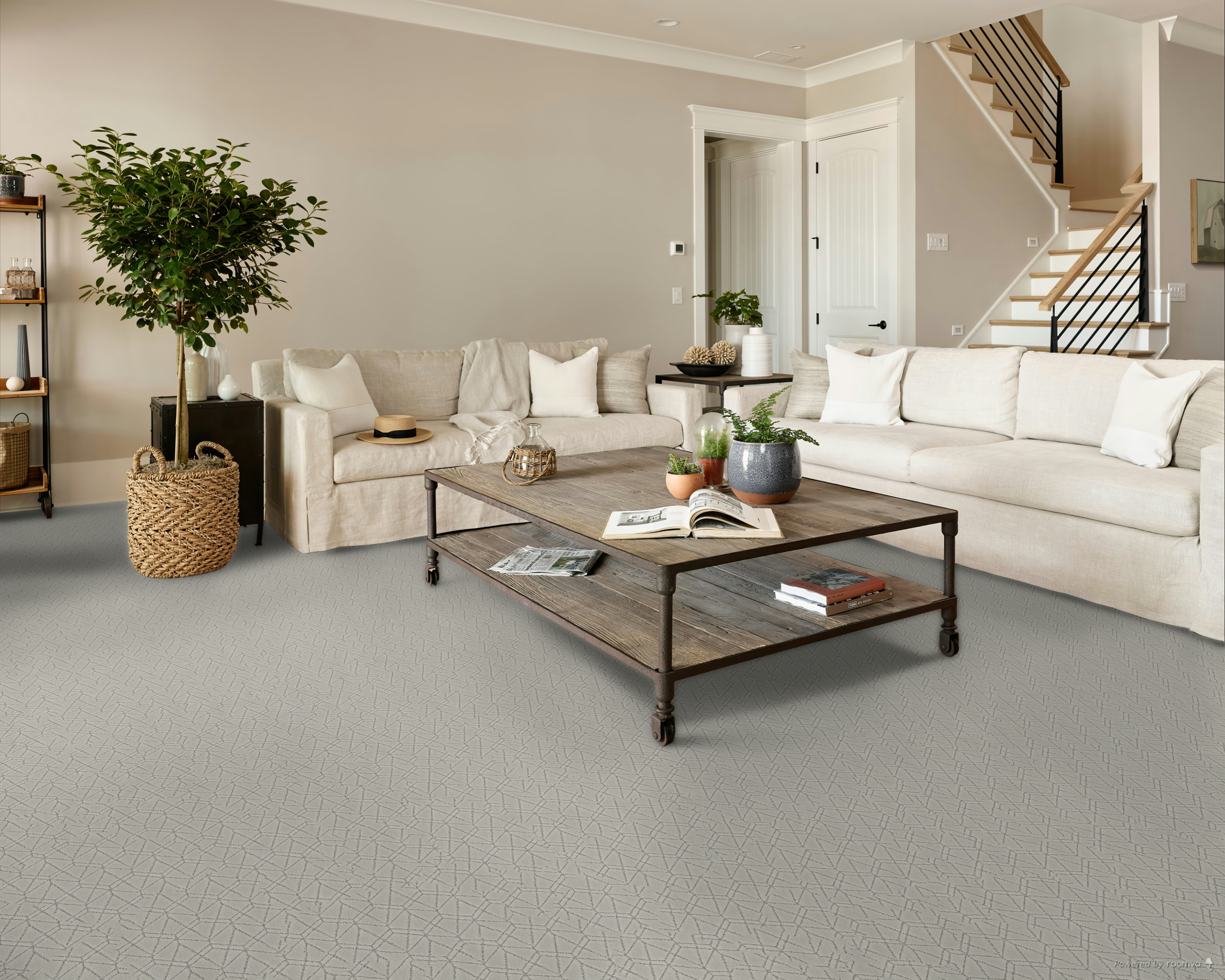 Living room with soft patterned carpet flooring